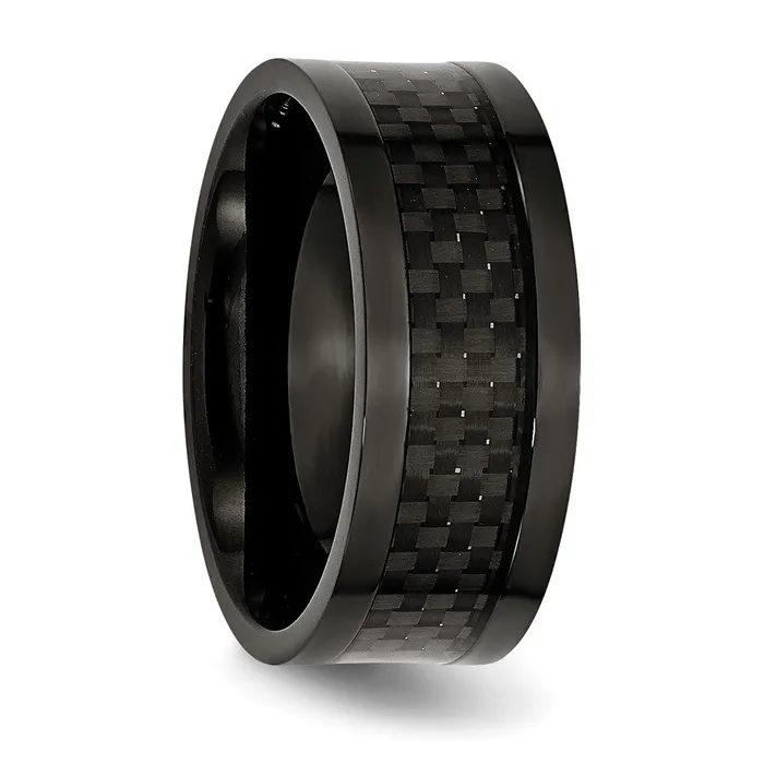TreasureFineJewelers Rings Titanium Polished Black IPplated wCarbon Fiber Inlay 9mm Band