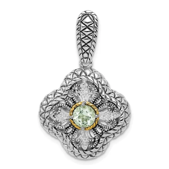 TreasureFineJewelers Sterling Silver Rhod w14k Gold Accent Qrtz CZ Filigree Clover Pendant Necklaces