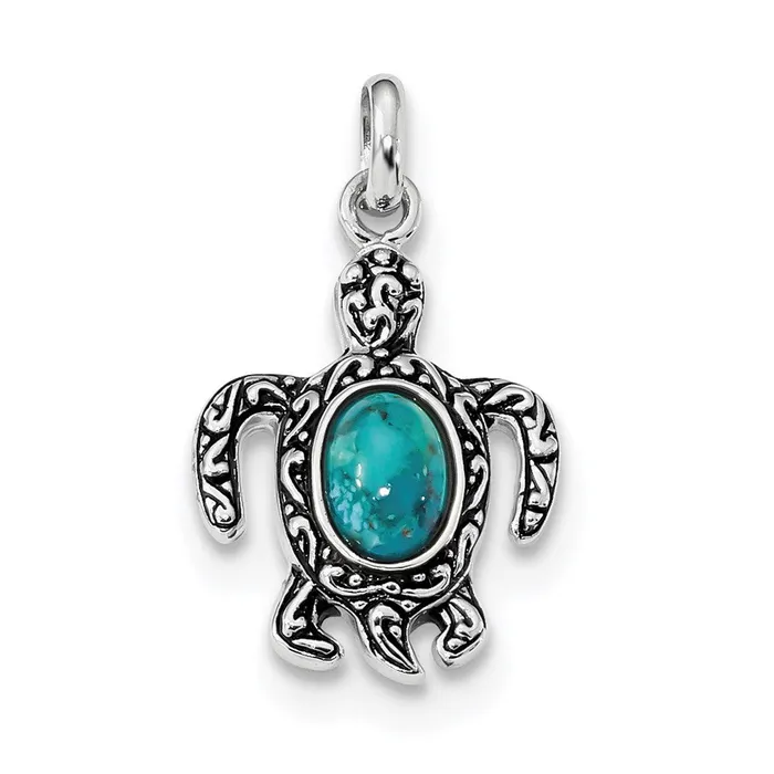 TreasureFineJewelers Sterling Silver RhodiumOxidized Reconstituted Turquoise Turtle Pendant Necklaces