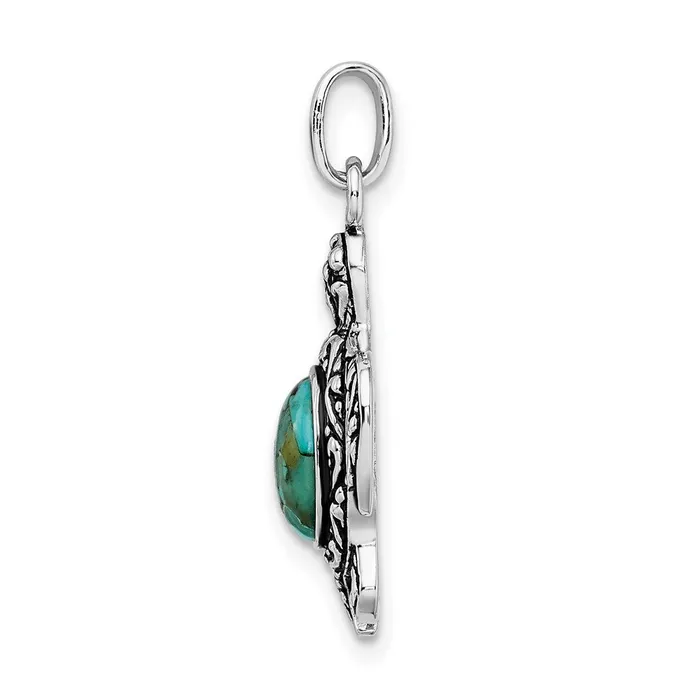 TreasureFineJewelers Sterling Silver RhodiumOxidized Reconstituted Turquoise Turtle Pendant Necklaces