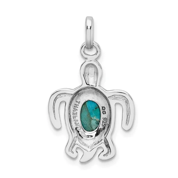 TreasureFineJewelers Sterling Silver RhodiumOxidized Reconstituted Turquoise Turtle Pendant Necklaces