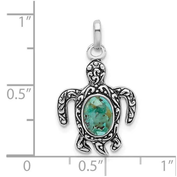 TreasureFineJewelers Sterling Silver RhodiumOxidized Reconstituted Turquoise Turtle Pendant Necklaces