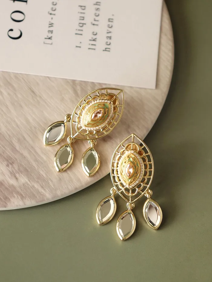 Curio Cottage Earrings Aina Crystal Eye Green and Gold Mirror Earrings